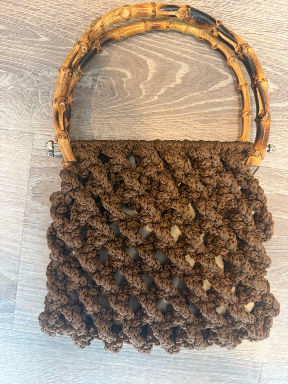 Brown Crochet Handbag with Bamboo Handles